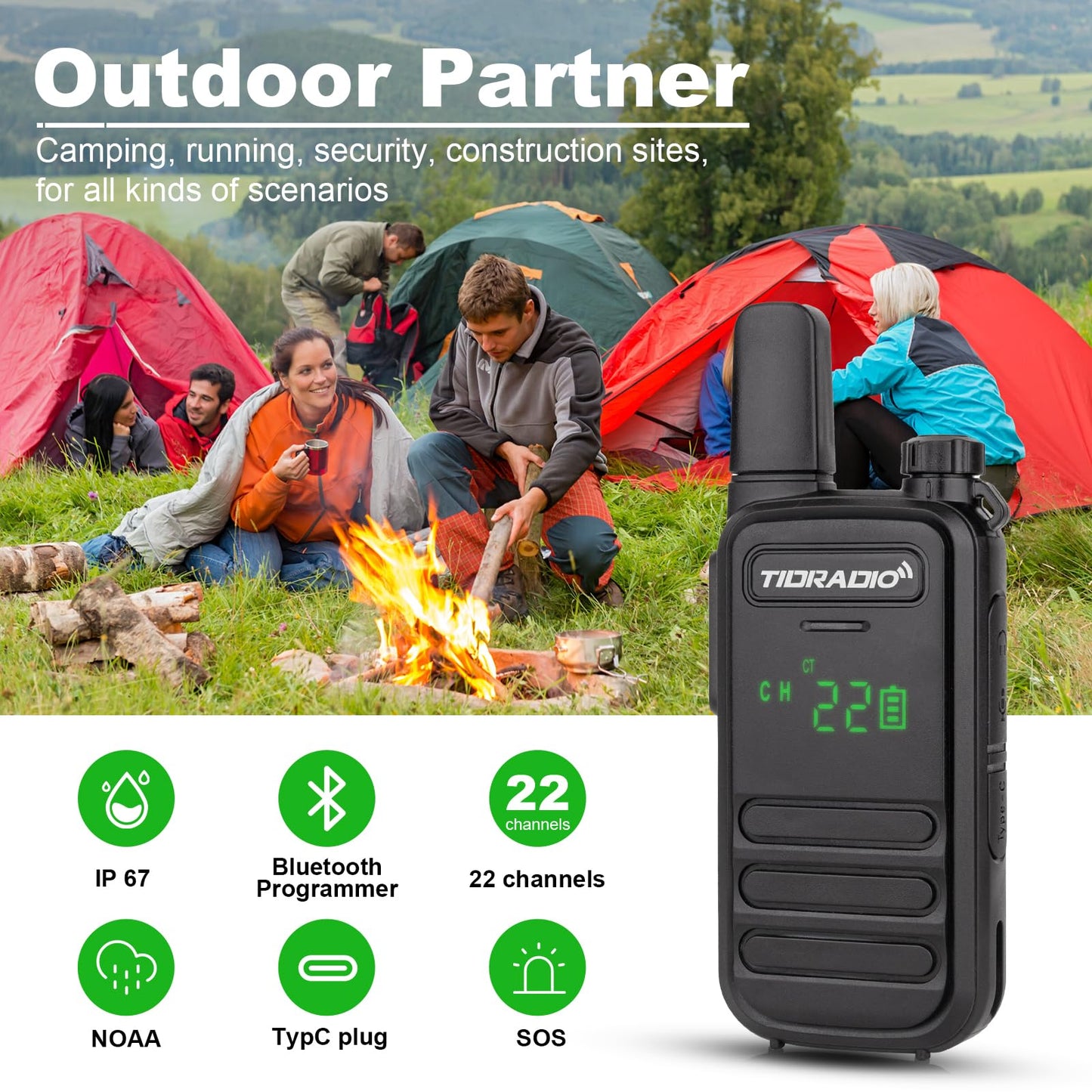 TIDRADIO TD-M11 Walkie Talkies Waterproof IP67 FRS Long Range Two Way Radio with LED Display,NOAA Weather,Walky Talkiy for Industry, Security Work (2 Pack)