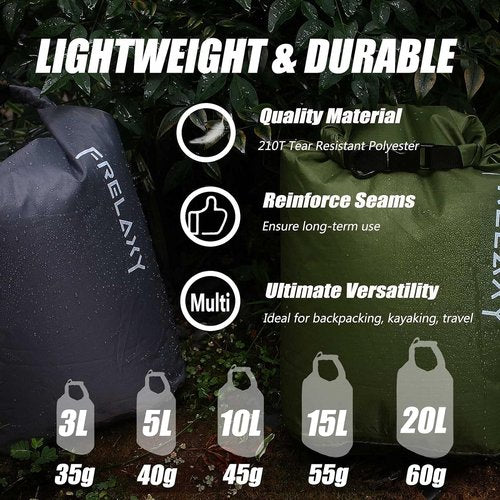 Frelaxy Dry Bags - Ultralight Waterproof Sacks for Hiking, Camping & Kayaking | 3-Pack/5-Pack