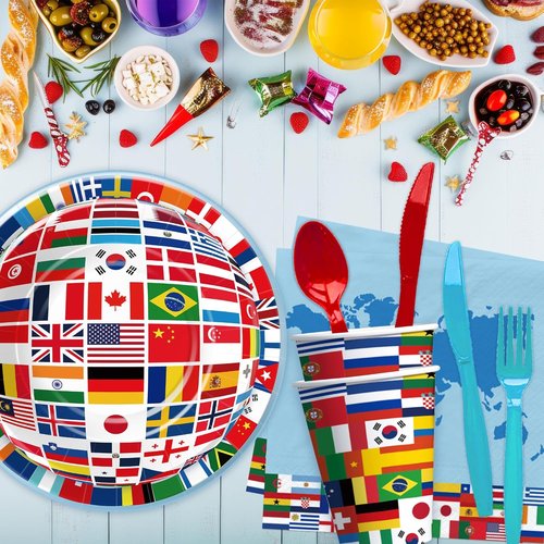 APOWBLS International World Flags Tableware Set - Olympic Party Supplies for 24 Guests | Plates, Cups, Napkins, Cutlery, Tablecloth