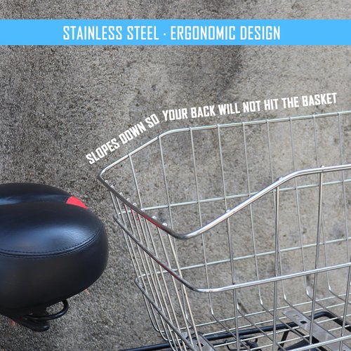 MATTISAM Large Stainless Steel Bike Basket Rear, Tool-Free Install, Bicycle Back Pet Dog Carrier, Silver, 17in(L) x13in(W) x9.8in(H), with Waterproof Cover, Cargo Net