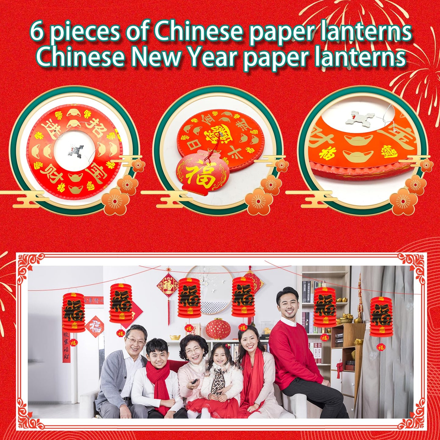 6Pcs Chinese New Year Decorations 2025, 6.3*9.8In Year of The Snake Red Fu Lanterns Lunar Spring Festival Ceiling Hanging Paper Lanterns Lamp Party Supplies Decor for Birthday Wedding Restaurant Store