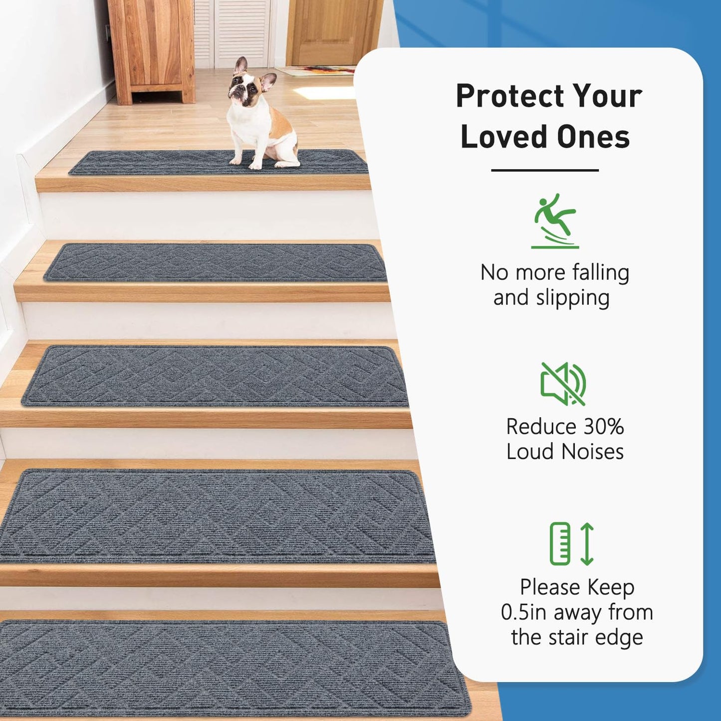Non-Slip Stair Treads for Wood Steps - 15 Pack 8" x 30" Carpet Treads with Reusable Adhesive for Kids, Elders & Pets
