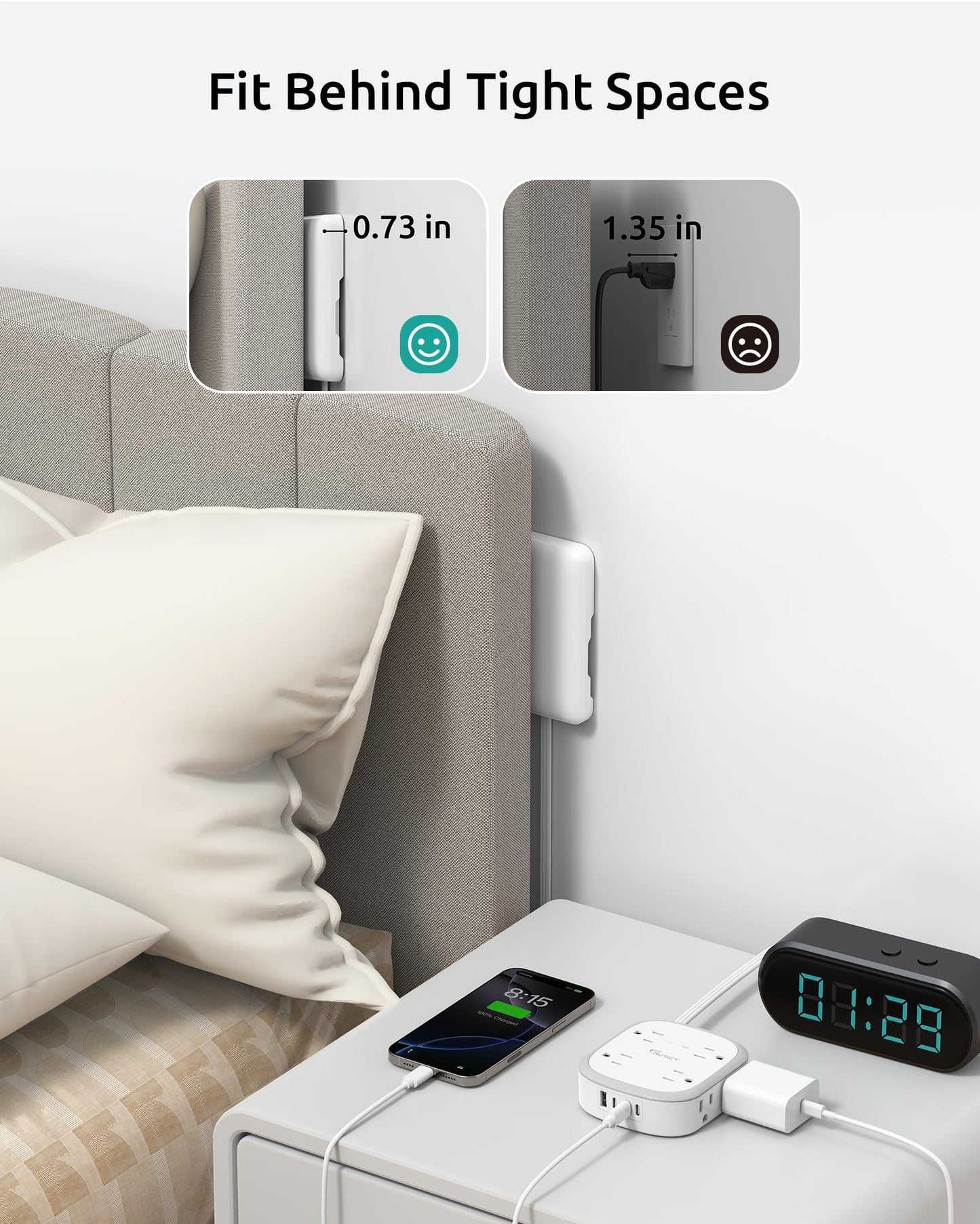 Outlet Cover Extension Cord Flat 6ft, NUTICT Flat Plug Power Strip with 8 Outlets & 3 USB-C & 1 USB-A Port, 13A/1625W, 1440J Surge Protector, Indoor 3 Prong Flat Wall Plug for Tight Spaces, White