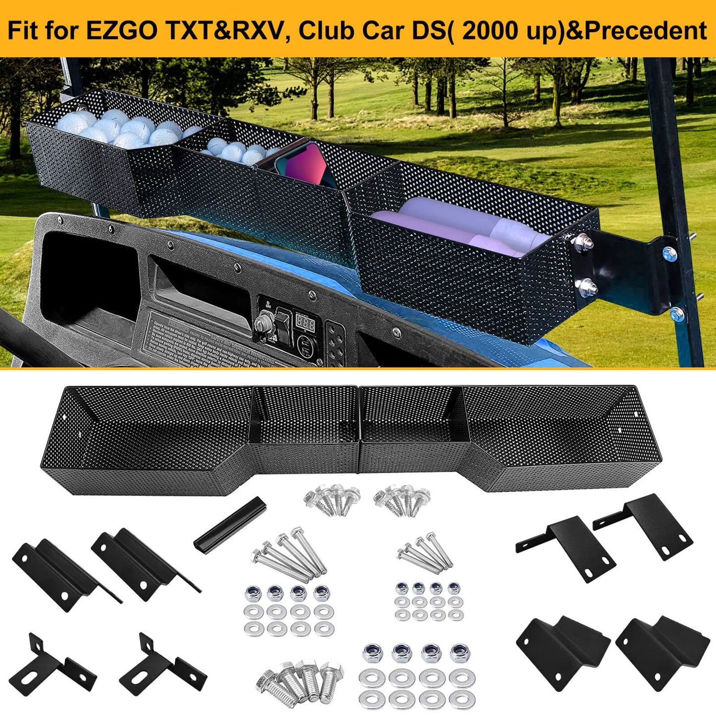 LEAPGOMAX Golf Cart Basket Front Inner Fit EZGO TXT & RXV, Club Car Precedent&DS (2000 up) Golf Carts, Heavy Steel Mesh Durable Golf Cart Storage Tray Dash Organizer