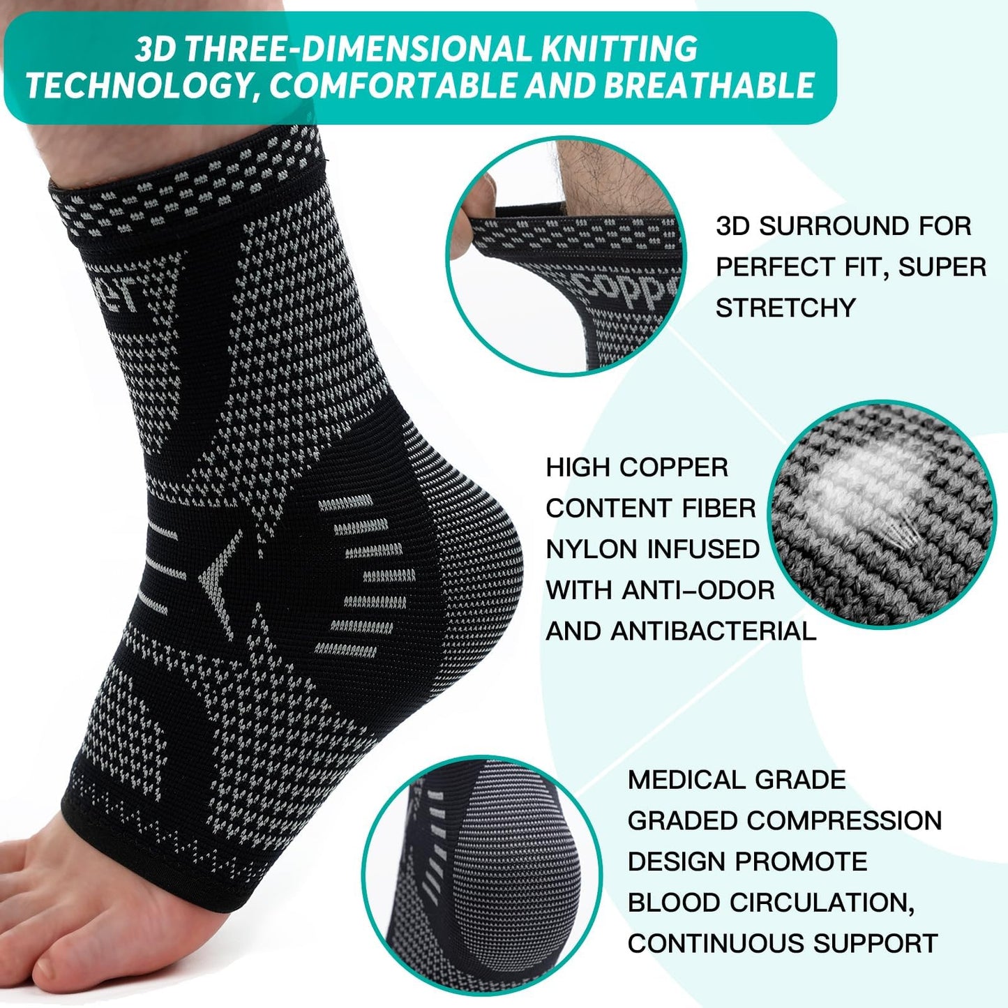 INDEEMAX Copper Ankle Brace Ankle Compression Sleeve Support Ankle Brace for Women & Men, Achilles Tendonitis Brace, Plantar Fasciitis, Sports, Silver Black, L