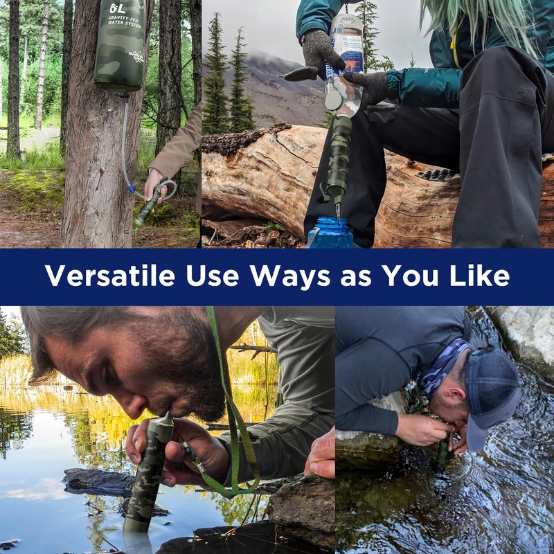 Membrane Solutions Gravity Water Filter Pro 6L, NSF/ANSI 42&372&401 Certified, 0.1 μm Versatile Water Purifier Camping with Adjustable Tree Strap Storage Bag, Survival Gear for Emergency(Camo)