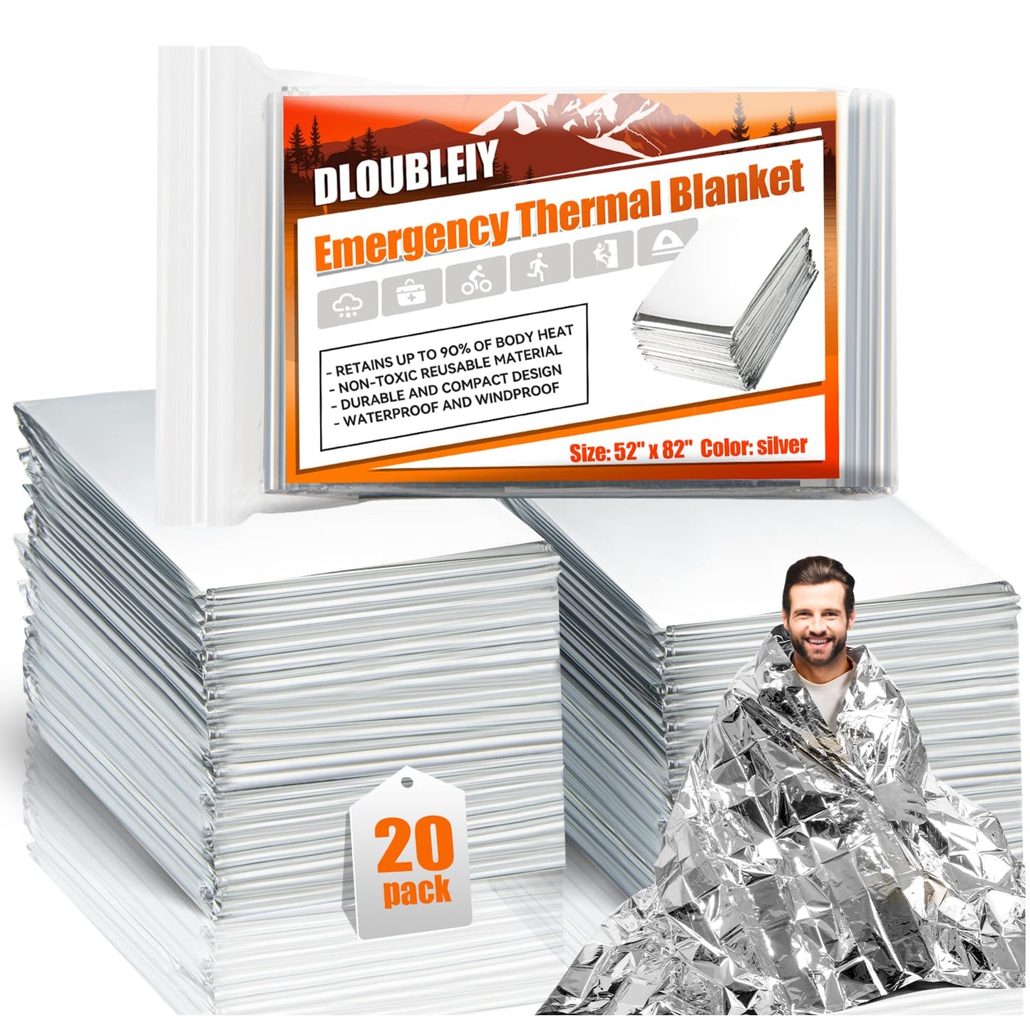 DLOUBLEIY 20-Pack Emergency Thermal Blankets, Heavy Duty Mylar Space Blanket with Ultimate Body Heat Retention for Camping Survival Kit, Car Emergency and Hiking, Waterproof & Windproof