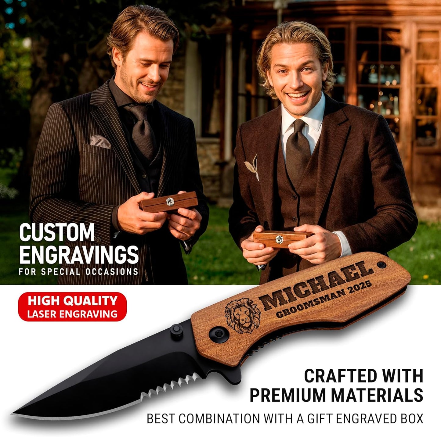 Skiennix Personalized Pocket Knife Set - Custom Engraved Folding Knives for Groomsmen | 3-Piece Gift Set