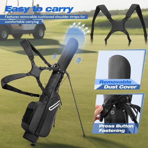GOBUROS Golf Stand Bag Fit Up to 7 Clubs, Compact Design for Par 3 Courses and Driving Range, Lightweight Pitch and Putt Golf Bag, with Padded Double Strap, Rain Cover, Accessory Pockets, Black