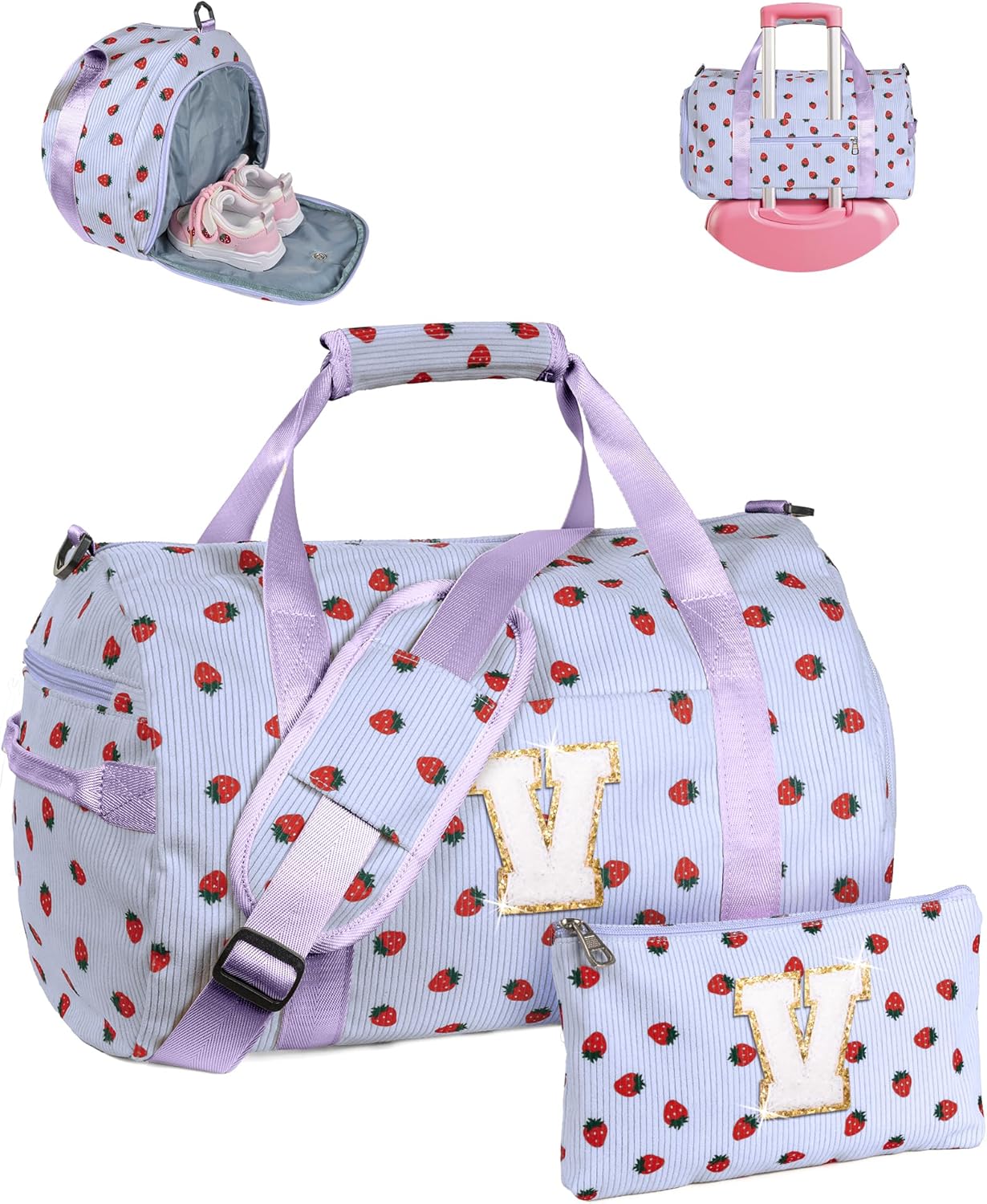 Skiennix Personalized Tween Girl Gym Bag - Stylish Duffle with Shoe Compartment & Makeup Bag | Letter V
