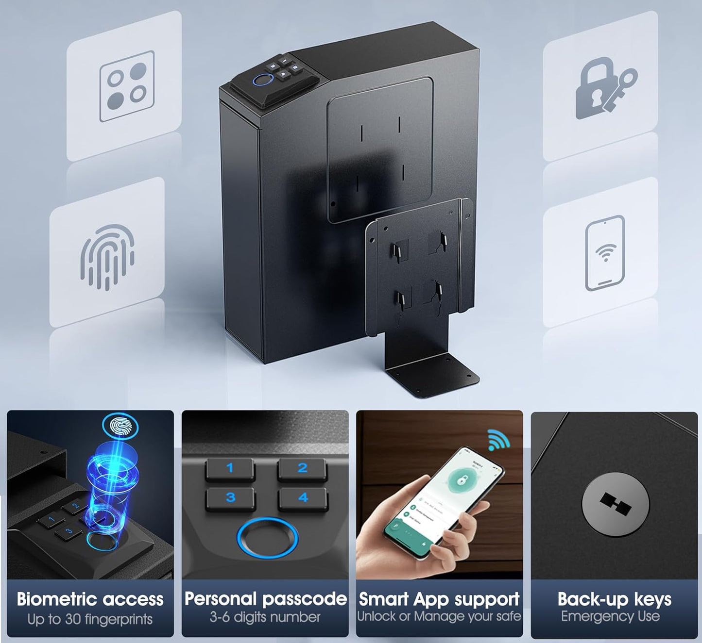 ORARAER Biometric Gun Safe - 4 Ways to Unlock with Fingerprint, Key & PIN | Compact Nightstand Pistol Lock Box