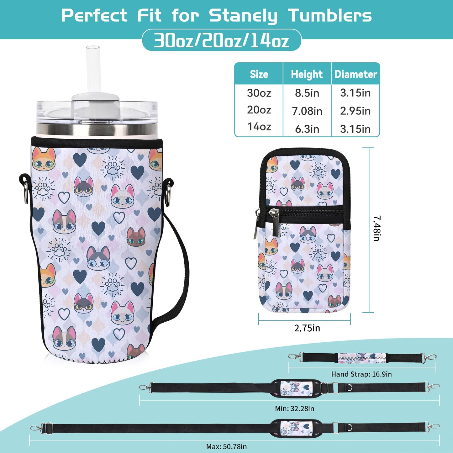 AUPET Water Bottle Holder Carrier Bag fit for 30/20 /14 oz Stanley Flowstate IceFlow Yeti Tumbler ,Cup Accessories Sleeve Sling with Phone Pouch & Strap (paisley flower, fit for Tumbler 20oz)
