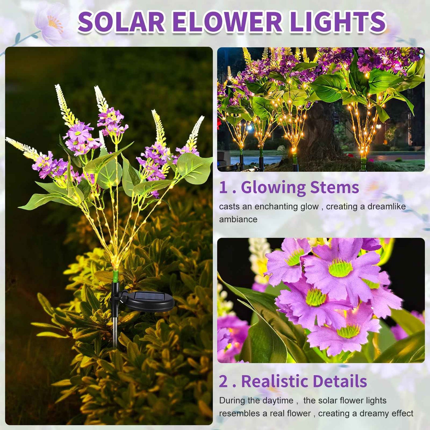 Neporal Solar Flowers Outdoor Waterproof Purple, Lilac Garden Solar Lights Decorative 4PK 8-Stem, 2 Lighting Modes, Solar Powered Garden Decor, Solar Yard Decor