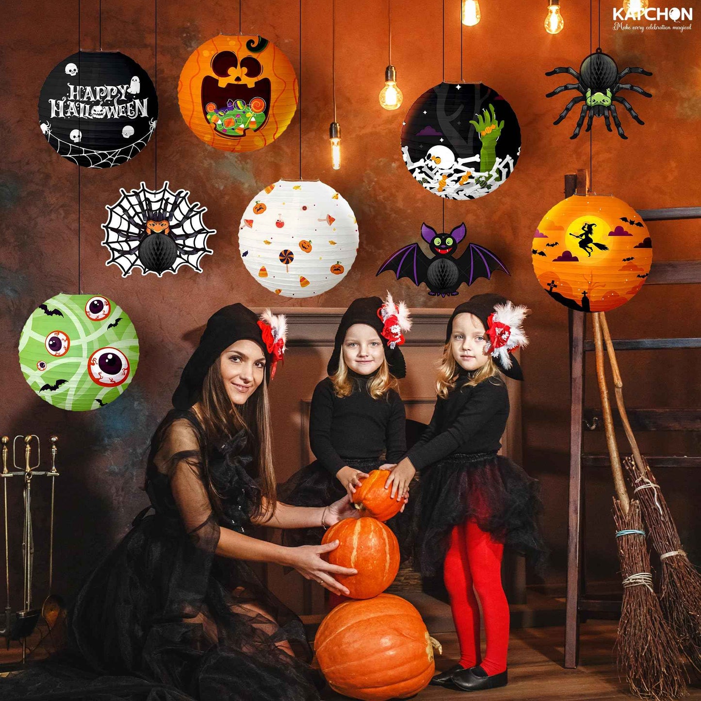 KatchOn, Halloween Paper Lanterns & Honeycomb Set – Pack 9 | Hanging Halloween Decorations Indoor, Outdoor | Spooky Hanging Decorations | Halloween Honeycomb for Halloween Party Decorations