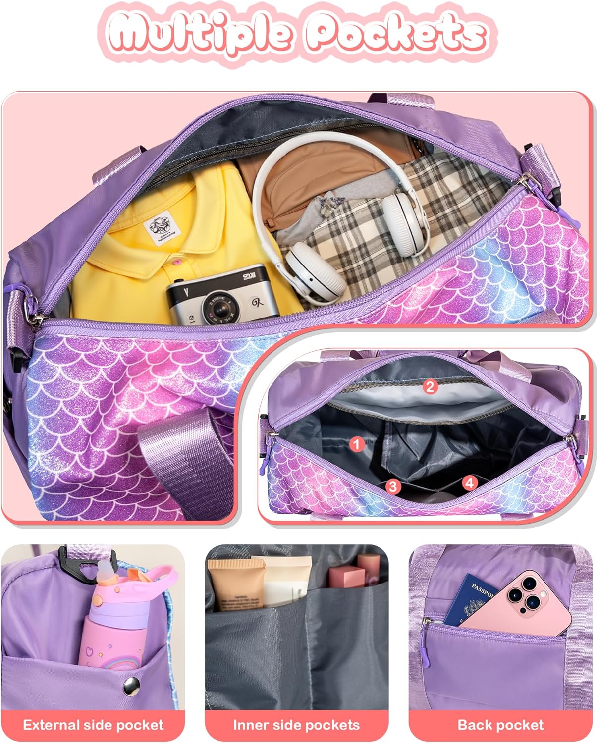 Skiennix Personalized Gym Bag for Girls - Stylish Weekender Tote with Shoe Compartment & Makeup Pouch | Ideal Gift for Ages 3-10 (Letter M)