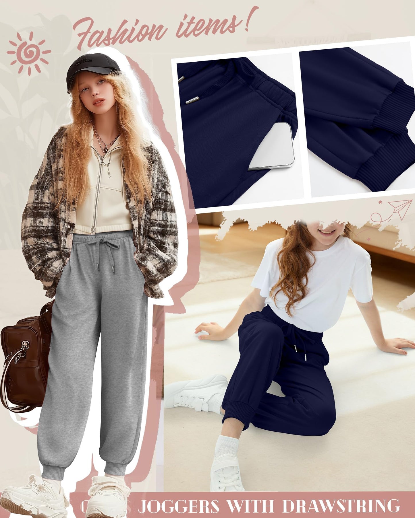 LessonZoo 3 Pack Girls Sweatpants Joggers Baggy Lightweight Athletic Running Drawstring Pants for Teen with Pocket Size 5-16(Navy Blue, Light Gray, Black,Large)