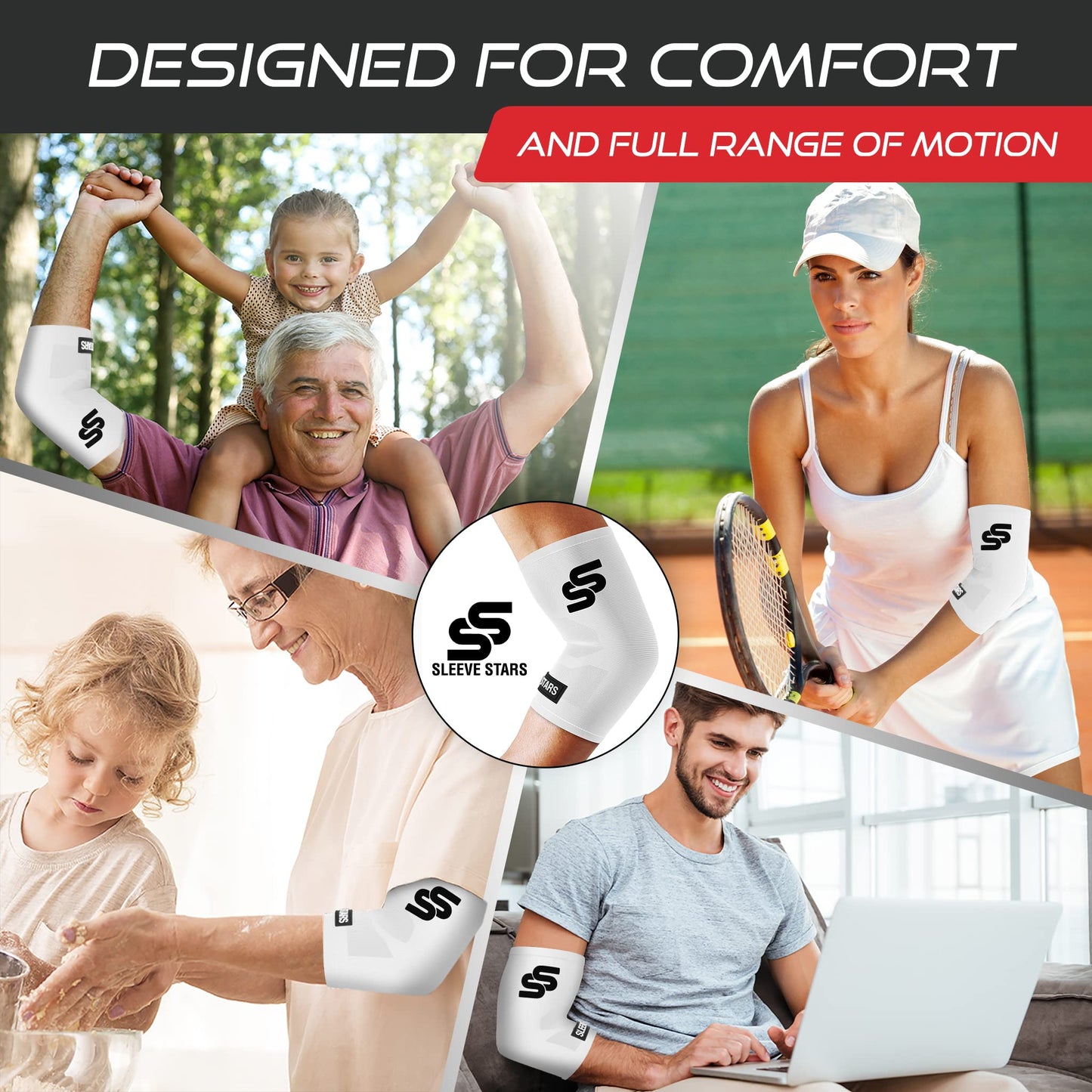 Sleeve Stars Elbow Sleeve for Pain Relief & Protection - Elbow Compression Sleeve for Women & Men - Supportive Elbow Brace for Tendonitis, Recovery & Ideal for Sports, Work (S: 7"-8.5"/White)