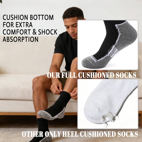 Urban Virgin Mens Athletic Quarter Running Compression Socks，Cotton Cushioned Athletic Ankle Moisture Wicking Socks for Hiking Women 6 Pairs White L(9-12)