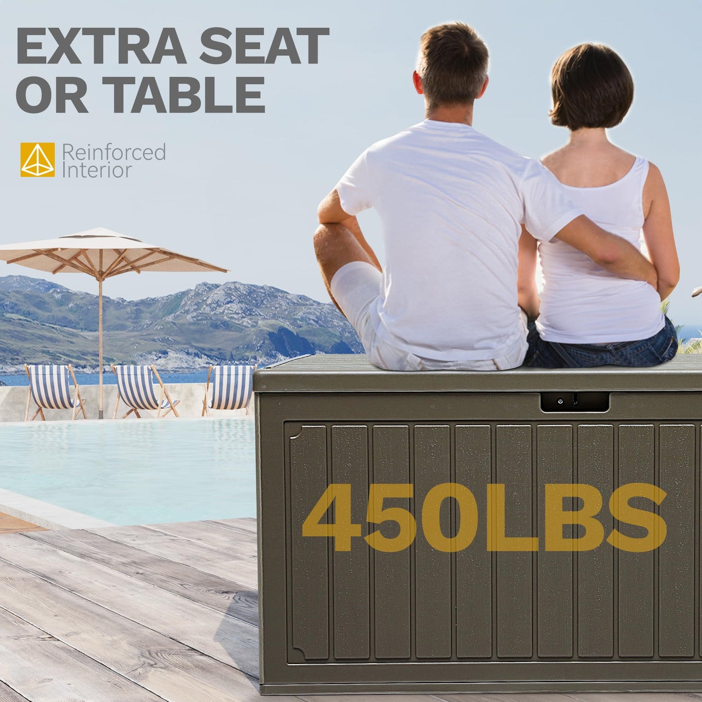 DWVO 90 Gallon Resin Outdoor Storage Box, XXL Double-Wall Waterproof Deck Box, Doubles as Table or Seating with 450 lbs Capacity, Lockable (Light Brown)