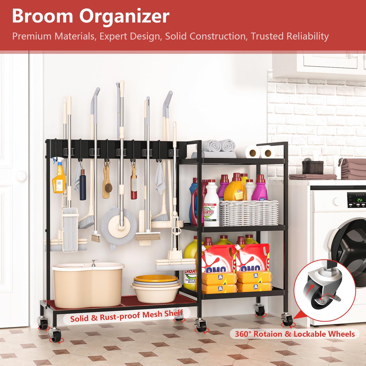 GIOTORENT Metal Cleaning Cart with Wheels - Rolling Broom Holder & Supplies Organizer, 10 Adjustable Clips, 5 Double-Hooks, 3-Tier Shelves, Brakes for Home, Commercial, Black