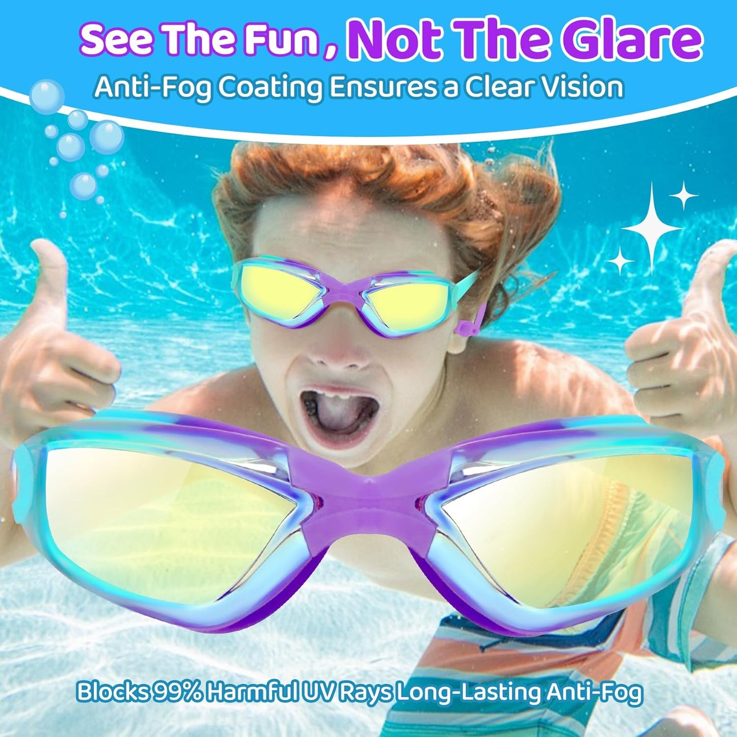 Vvinca Swim Goggles for Kids - Anti-Fog & UV Protection | No Leak Design, 2-Pack for Ages 3-15