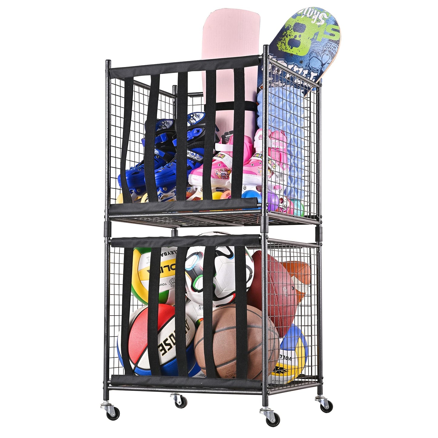 Mythinglogic Rolling Sports Ball Storage Cart, Sports Lockable Ball Storage Locker with Elastic Straps, Stackable Ball Cage for Garage Storage Garage Organizer (Black)