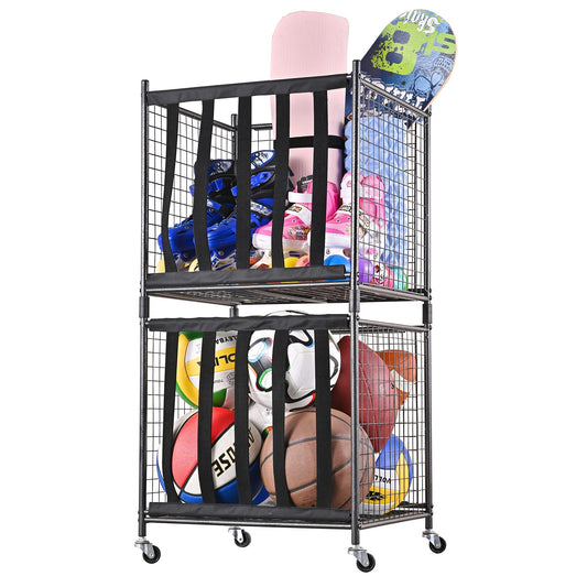 Mythinglogic Rolling Sports Ball Storage Cart, Sports Lockable Ball Storage Locker with Elastic Straps, Stackable Ball Cage for Garage Storage Garage Organizer (Black)