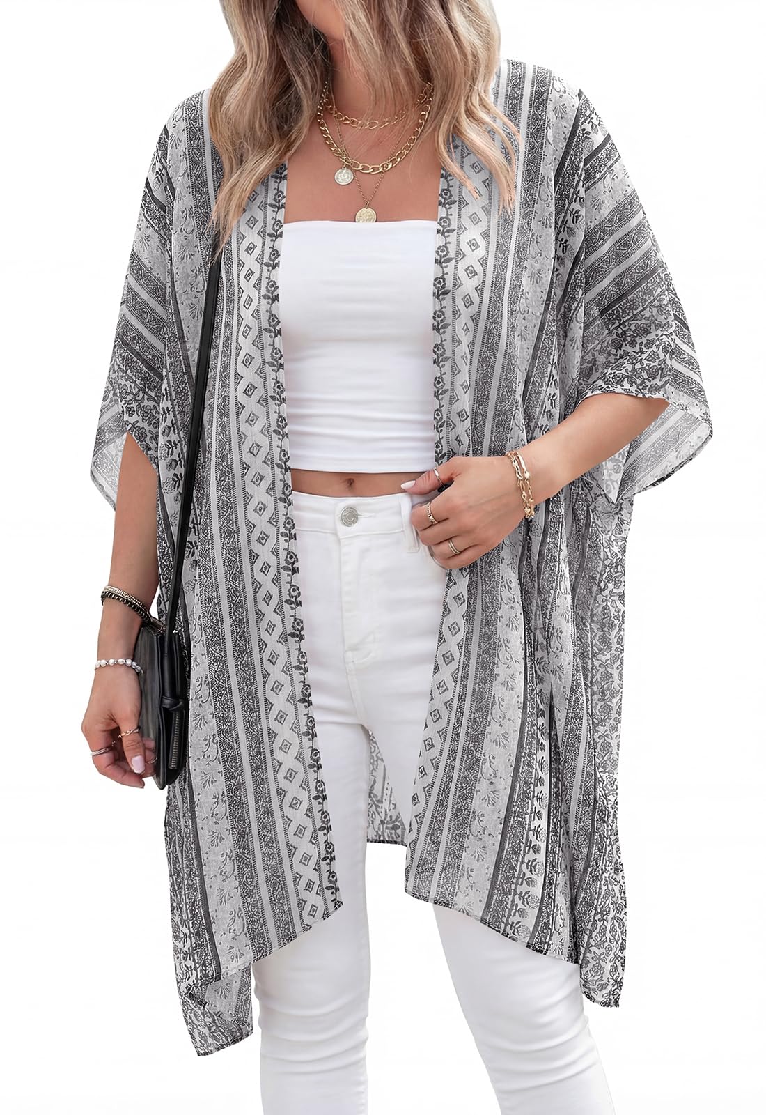 PRETTYGARDEN Summer Kimonos for Women Boho Floral Short Sleeve Kimono Cardigans Swimsuit Beach Cover Ups for Women Swimwear (Grey Floral, Large)