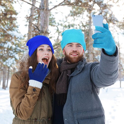 Kenning 56 Pcs Winter Beanies and Gloves Combo Kit Include 28 Pair Winter Gloves 28 Pcs Knitted Beanies Unisex Hats for Adult (Dark Colors)