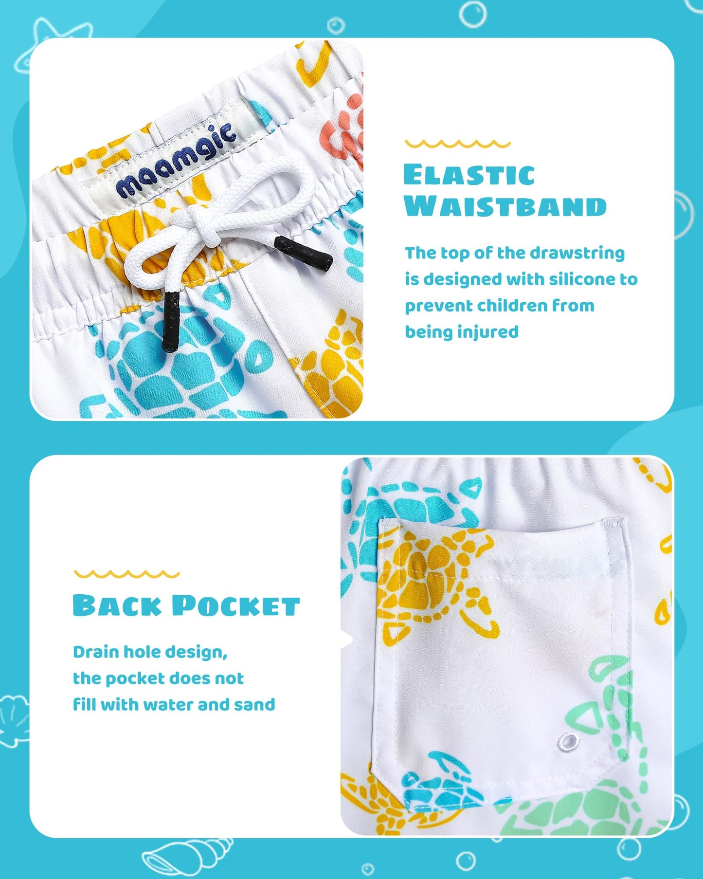 maamgic Boys Swim Trunks with Compression Liner Toddler Stretch Swim Shorts Quick Dry Swimming Trunks Boxer Brief 2 in 1 Beach Shorts White Colorful Turtles 8