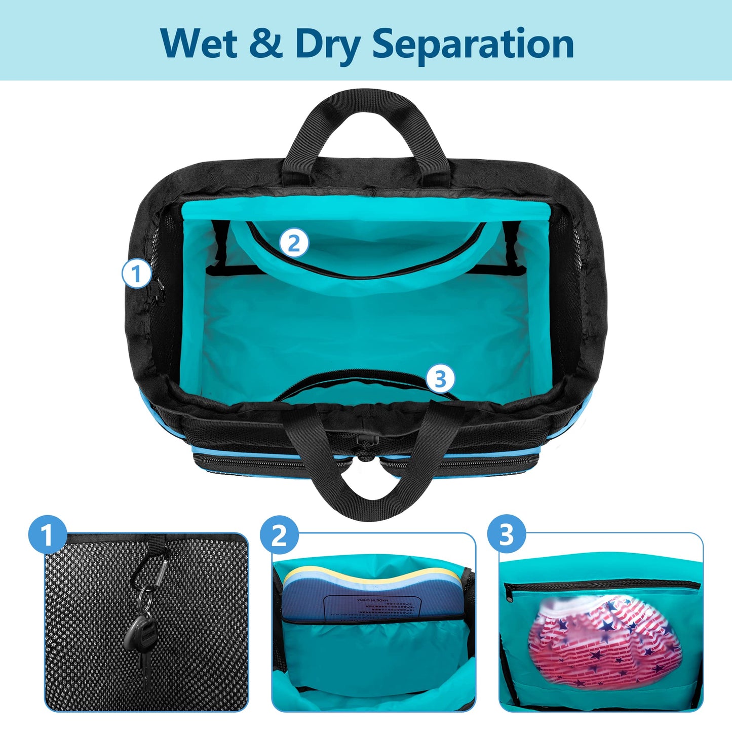 Fasrom Mesh Beach Bag Backpack with Waterproof Bag and Pocket, Large Drawstring Swim Backpack for Travel, Gym and Pool Sports, Blue (Patent Design)