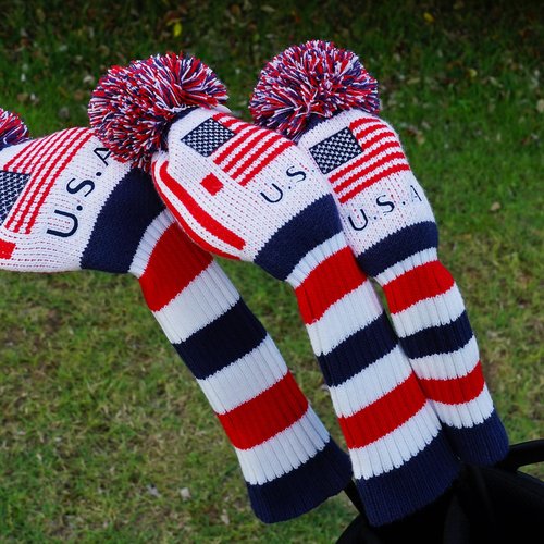 Craftsman Golf US Flag Knit Pom Pom White Blue Red Hybrid Rescue Utility Head Cover Headcover for Callaway Mizuno Cobra Taylormade (Hybrid X Cover)