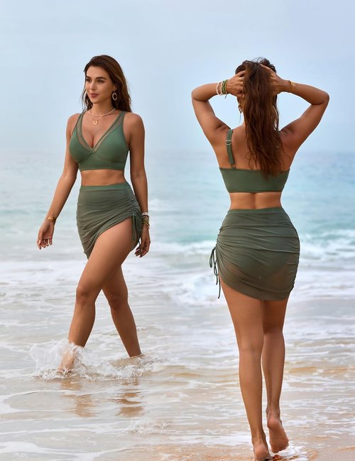 Blooming Jelly High Waisted Bikini Set - Tummy Control Swim Skirt with Mesh Sarong Wrap