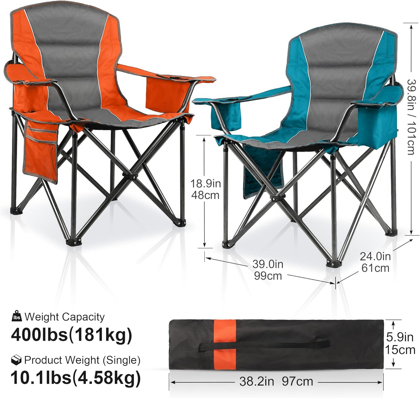 Skiennix Padded Oversized Camping Chairs - Heavy Duty Support 400 Lbs | Folding Portable Lawn Chair with Cup Holder & Cooler Bag (Orange & Blue)