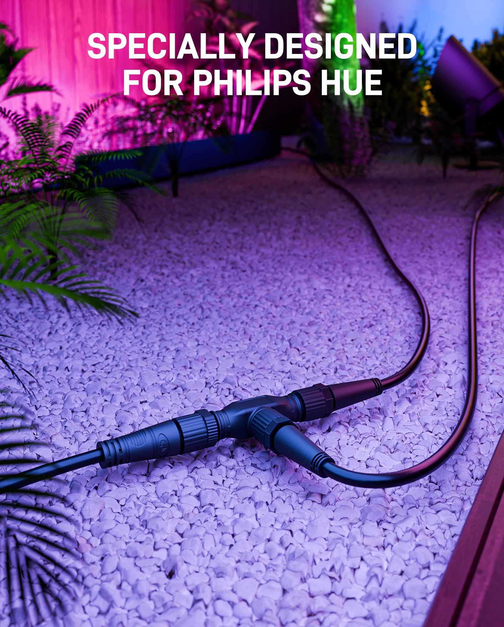 8FT+T Connector Waterproof Extension Cable for Philips Hue Outdoor 24V Lights – Compatible with Lily Spot, Calla Pathway, Impress Pedestal & Wall Light, Amarant – Male to Female Connector