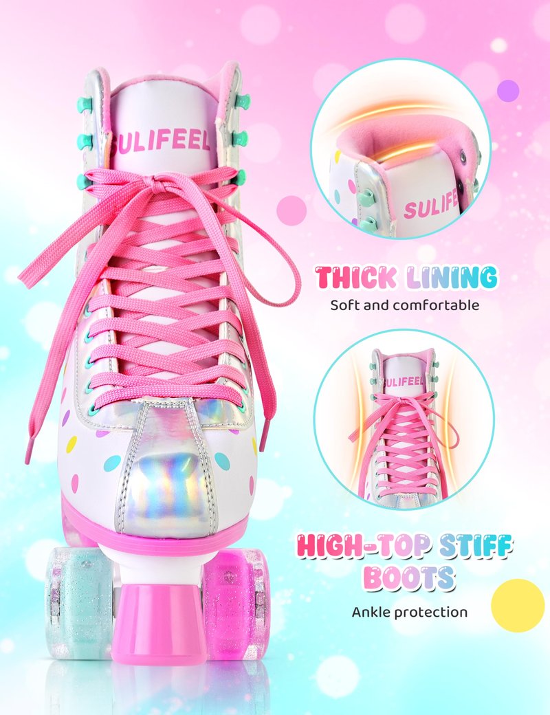 SULIFEEL Roller Skates for Girls and Women with Light up Wheels and Polka Dot Pattern, Kids and Adult Roller Sktes for Outdoor and Indoor Use