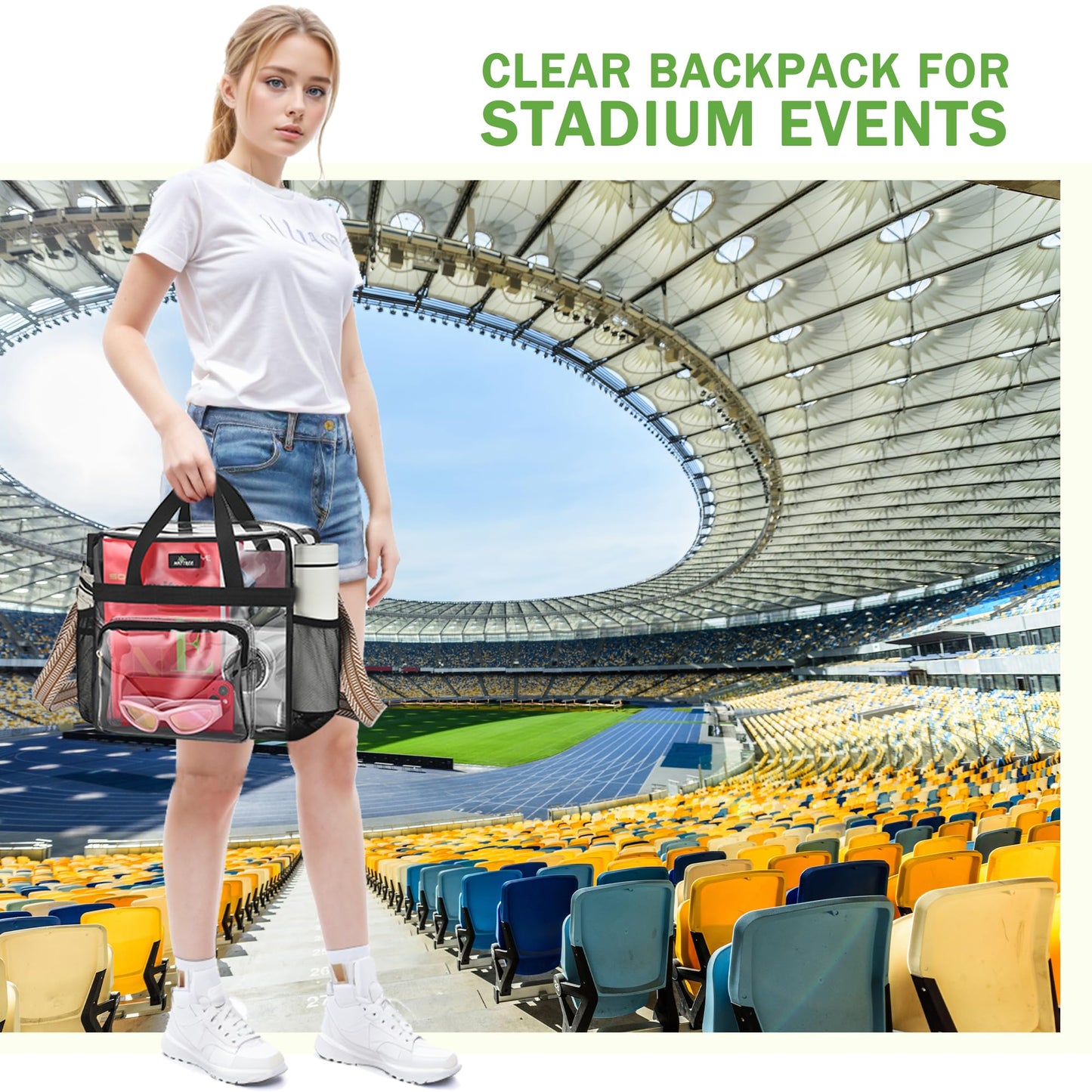 MAY TREE Clear Bag for Stadium Events, 12x6x16 Clear Tote Bag with Removable Strap, Transparent Bag for Concert Sports Gym, White & Beige-Strap