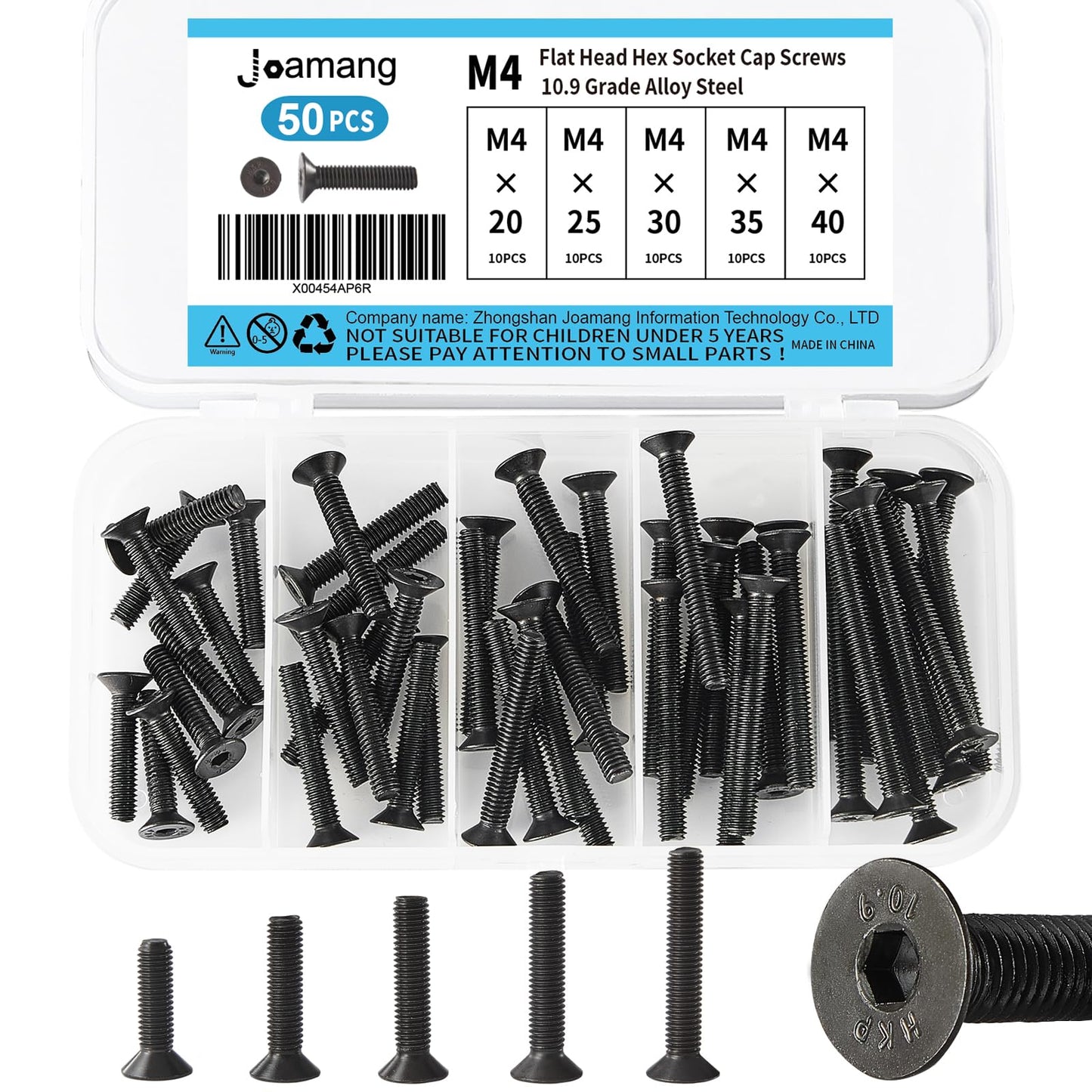 Joamang M4 x 20mm 25mm 30mm 35mm 40mm Flat Head Hex Socket Cap Screws Countersunk Bolts, 10.9 Grade Alloy Steel, Black Oxide Finish, Metric Allen Hex Drive, Fully Threaded, Assortment Kit 50Pcs