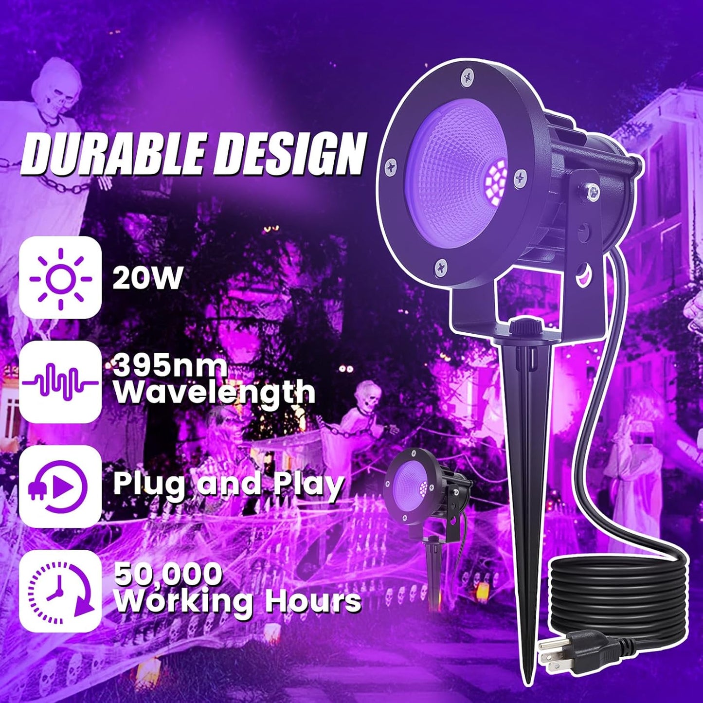 20W Waterproof Black Light Spotlight - UV Blacklight for Glow Parties & Halloween (2 Pack)
