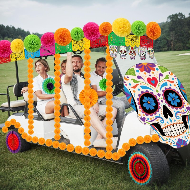Suncalla 25 Pcs Day of the Dead Golf Cart Decorations Dia De Los Muertos Car Decoration Marigold Garland Mexican Party Banners Pom Poms Hanging Paper Fans for Halloween Golf Cart Party Decor