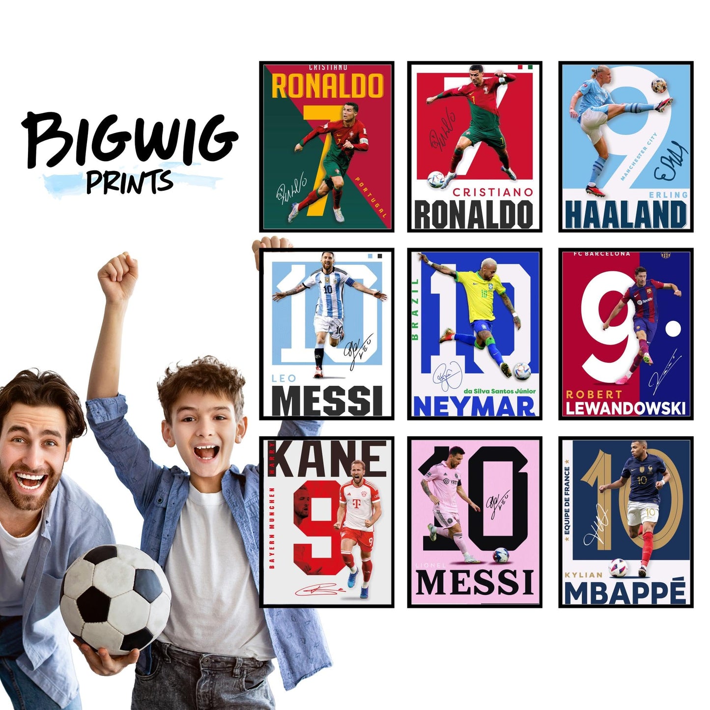 BigWig Prints Soccer Poster - Soccer Decor For Boys Bedroom, Messi And Ronaldo Poster, Messi Posters For Boys Bedroom, Mbappe Wall Art, Neymar Wall Art, Ronaldo Posters - Unframed Set Of 9 (8x10”)