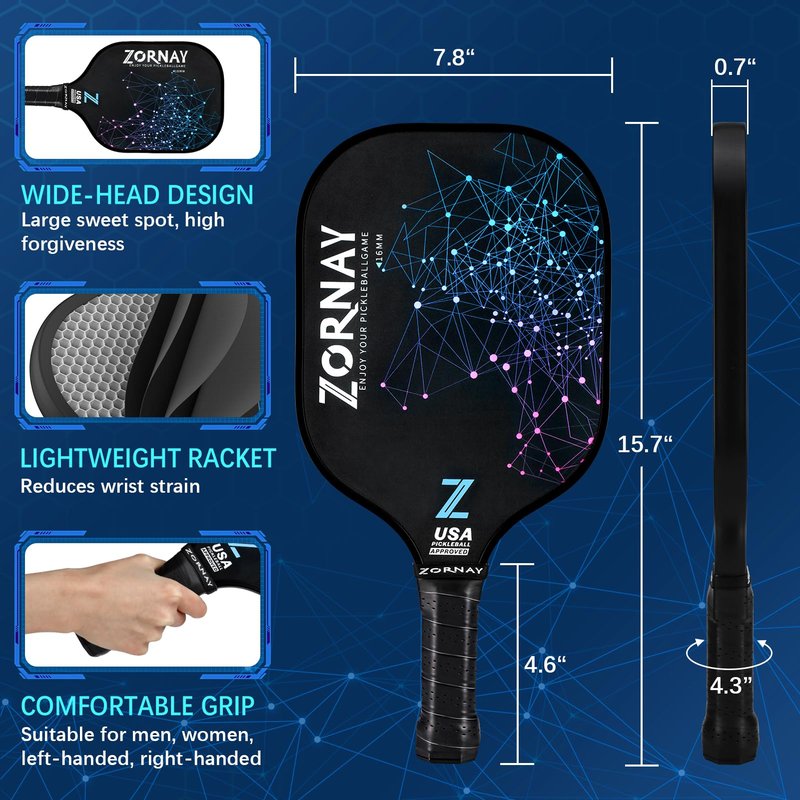 Zornay Pickleball Paddles Set of 2 - Light Weight Pickle Ball Paddles Set for Beginners, Men & Women - Perfect Starter Family Pickleball Racket, Fiberglass/Carbon, USAPA Approved