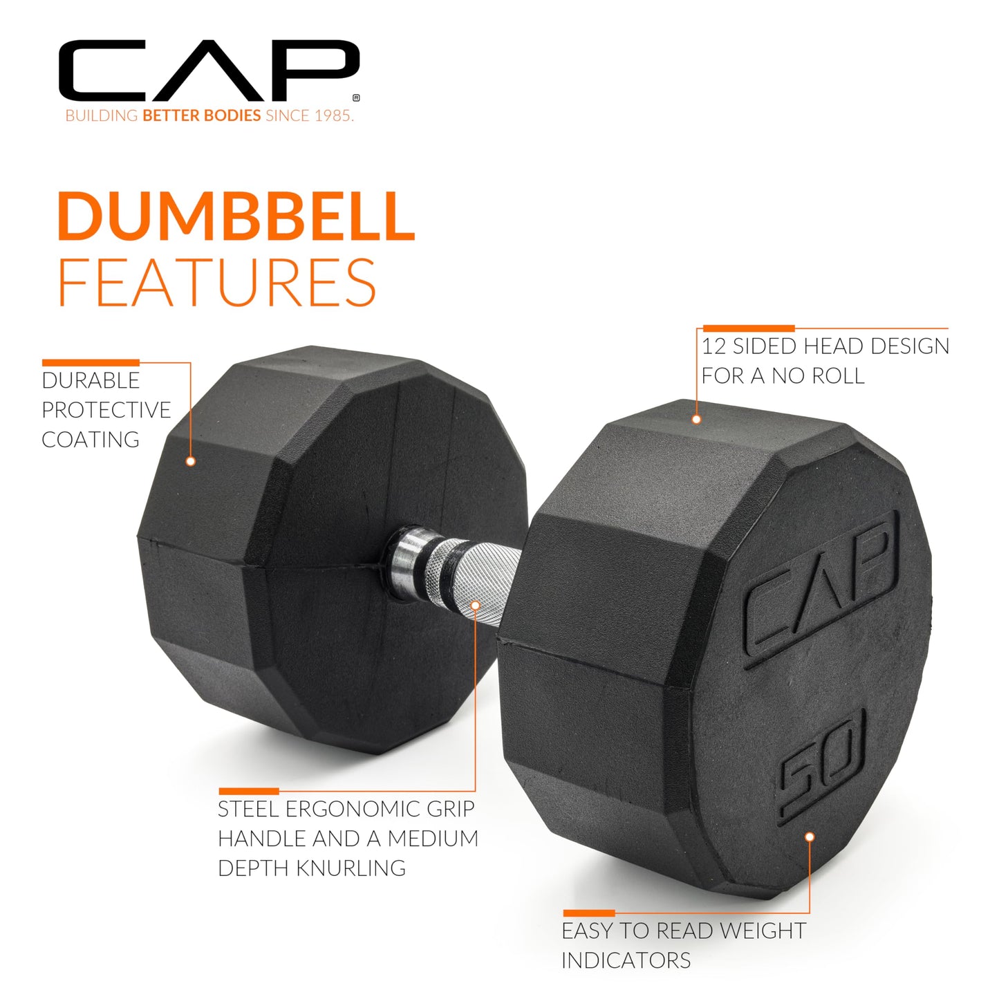 CAP 50 LB 12-Sided Rubber Coated Dumbbell Weight, Rubber Free Weights for Home Gym Strength Training, Chrome Handle, Pair