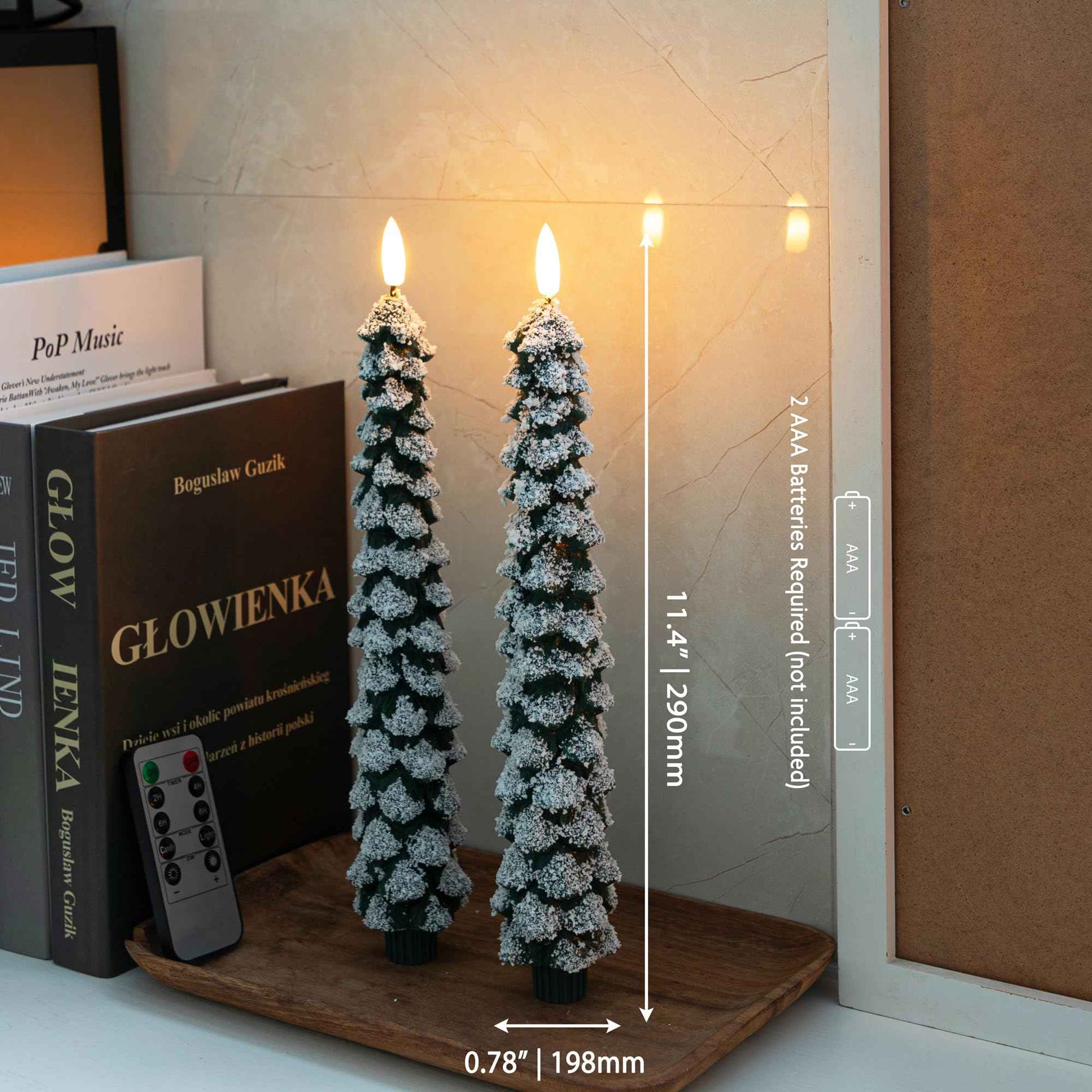 AFINETH Christmas Tree Candles With 3D Wick, 11.4" Green Real Wax Flameless Taper With Remote, Flickering LED Xmas Candlesticks Battery Operated for Home, Party Decor, 2 Pack