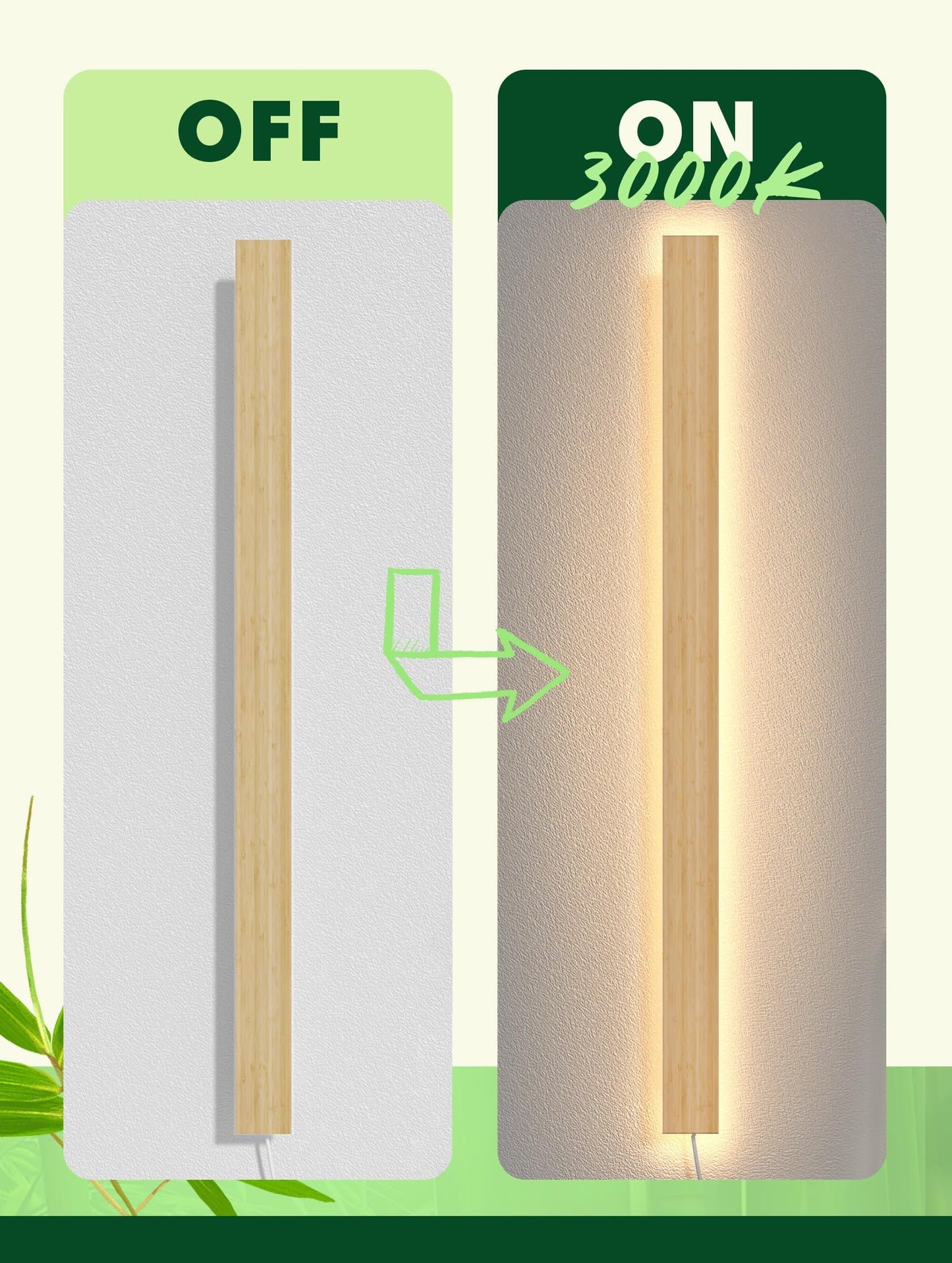 Modern Plug in Long Wall Sconce 45.2‘’ LED Bamboo Wall Lights 35W Long Strip Indoor Wall Lamp 3000K with 6.5FT Plug in Cord and On/Off Switch on The Cord for Living Room Hallway Stairwell