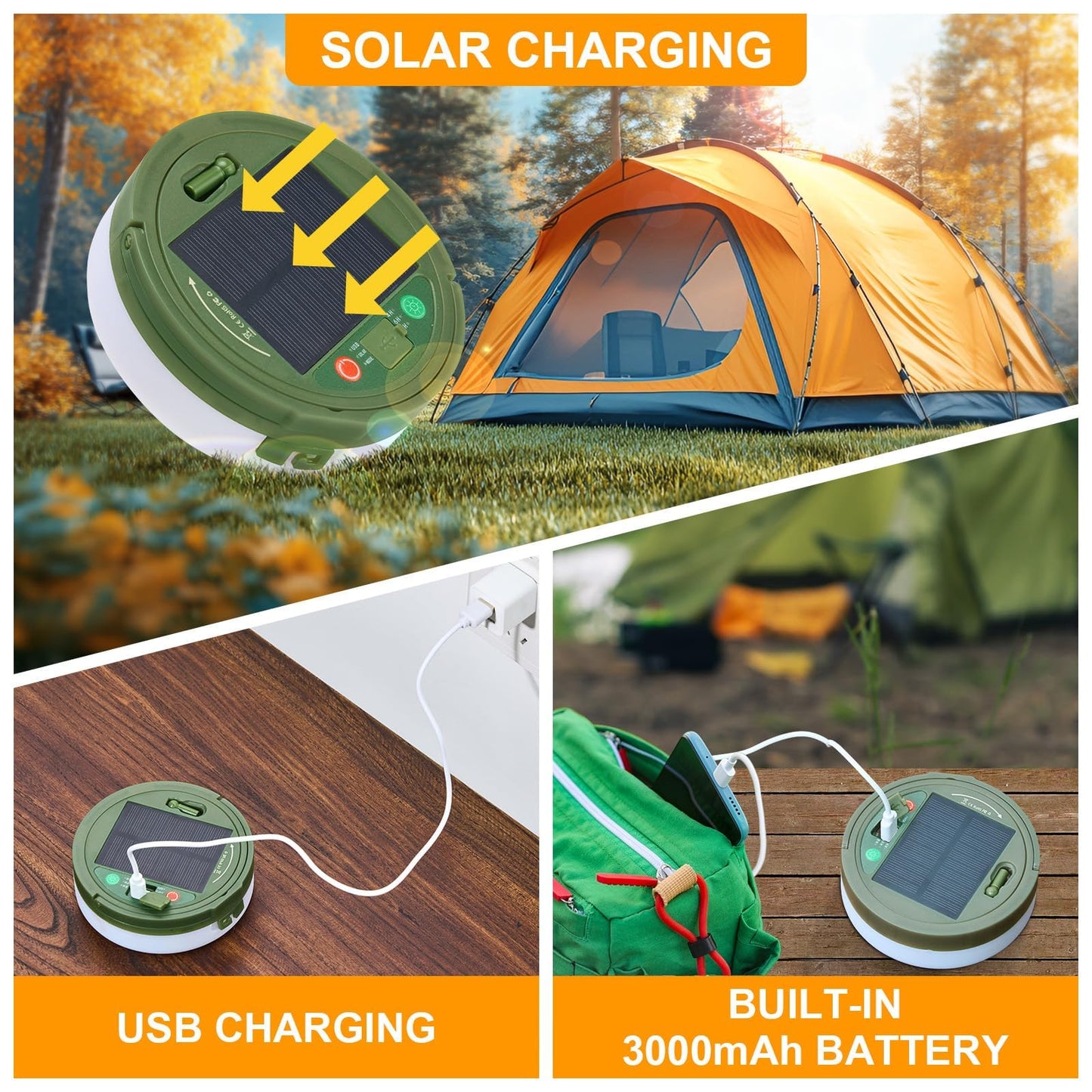 Solar Camping String Lights, Retractable Waterproof 33FT LED Camp Light with 8 Light Modes, Rechargeable 3000mAh Battery Powered Fairy Lights with Remote for Outdoor, Tent, RV, Patio, Awning, Party