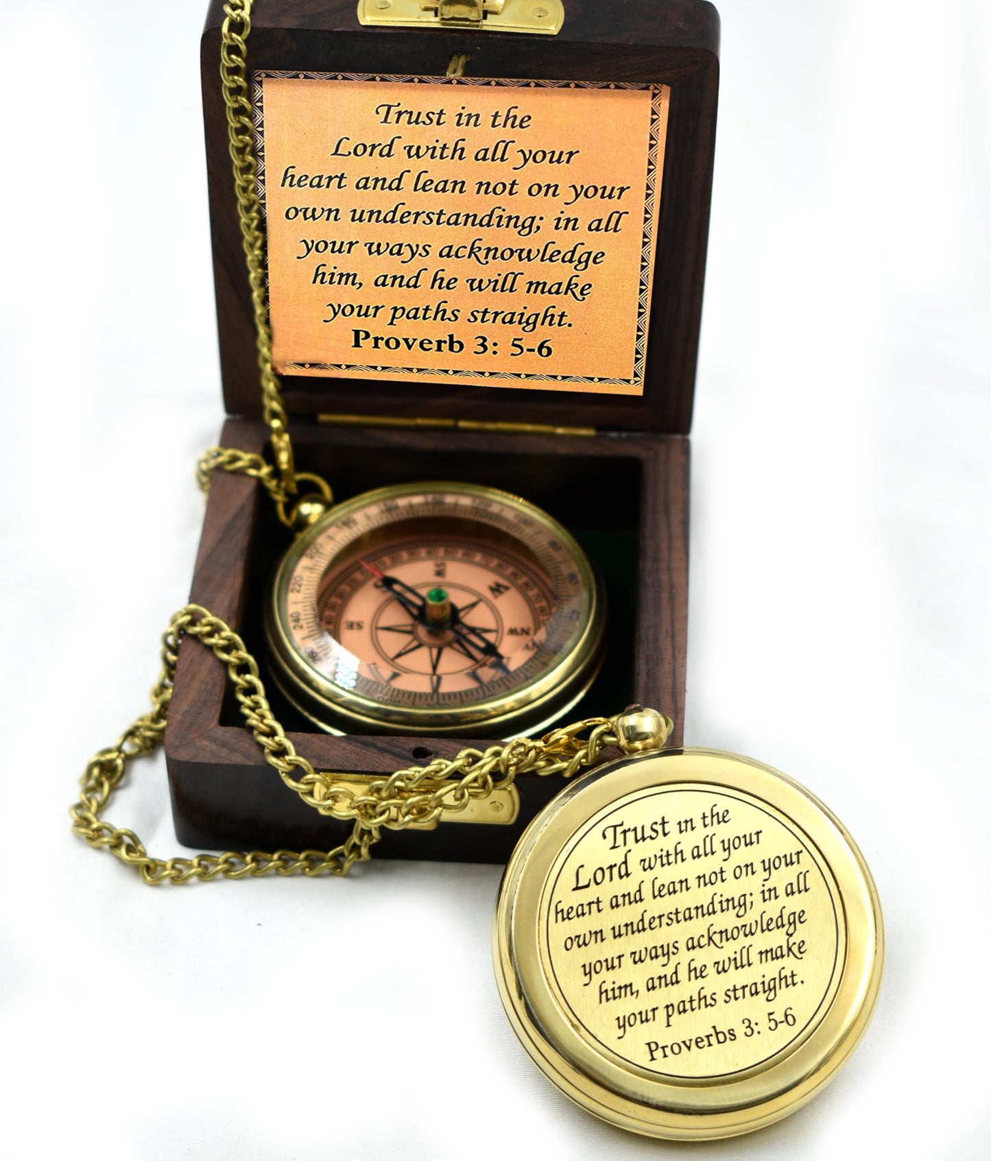 Trust in The Lord with All Your Heart -Proverbs 3: 5-6 Quote Engraved Compass with Wooden Box, Greeting Card, Compass Gift, Graduation Day Gifts 2026 for Women Mens Boy Girls