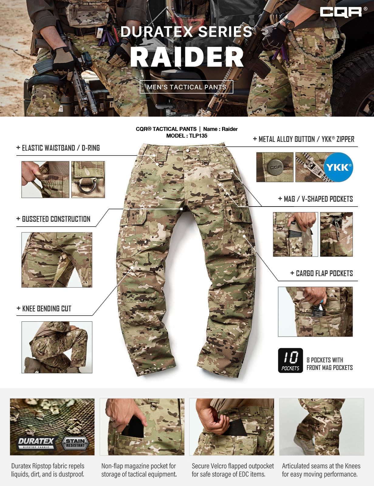 CQR Men's Tactical Pants, Water Resistant Ripstop Cargo Pants, Lightweight EDC Work Hiking Pants, Outdoor Apparel, Duratex Mag Pocket Utility Camo, 36W x 32L