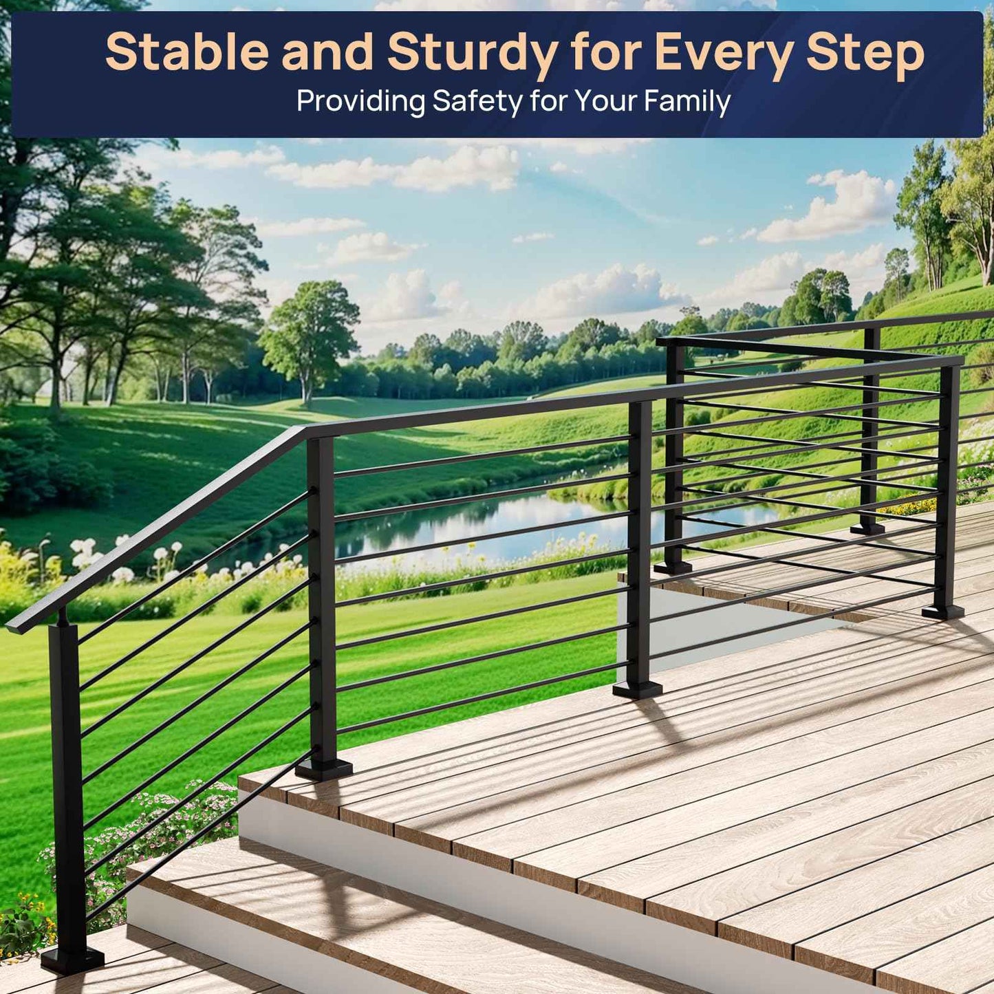 7 Pack 4.7 FT x 19/32 inch Aluminum Balusters for Deck Railing, Horizontal Stair Baluster with Wood Drill Bit Hollow Round Black Staircase Bar Spindles for Indoor Outdoor Railing