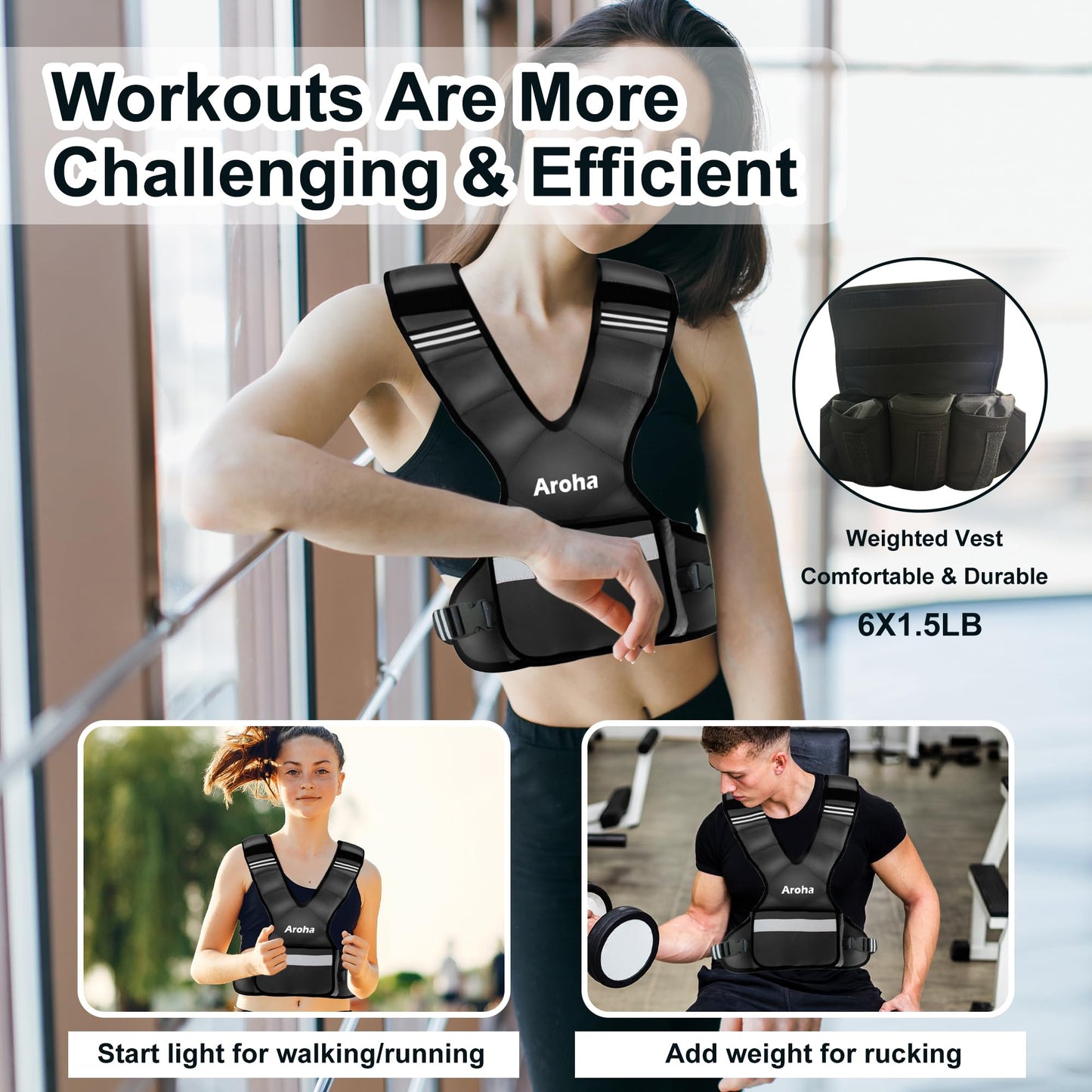 Aroha Adjustable Weighted Vest for Women & Men, 4-10lb/11-20lb/20-32lb Vest with 6 Ironsand Weights for Strength Training and Home Workout, Weight Vest with Reflective Strip for Running, Walking